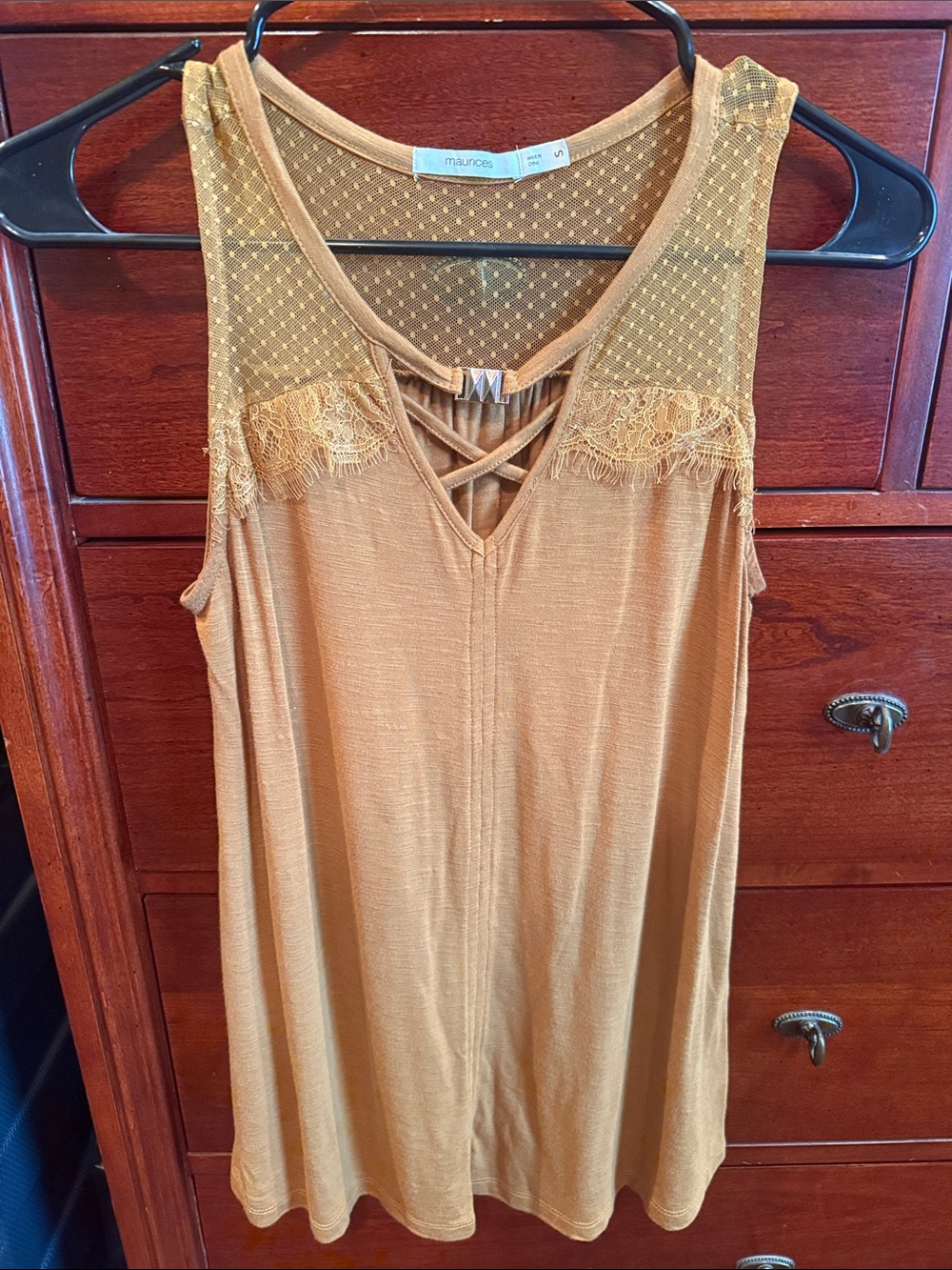 Maurices Mustard Lace Mesh Crisscross Tank Top
